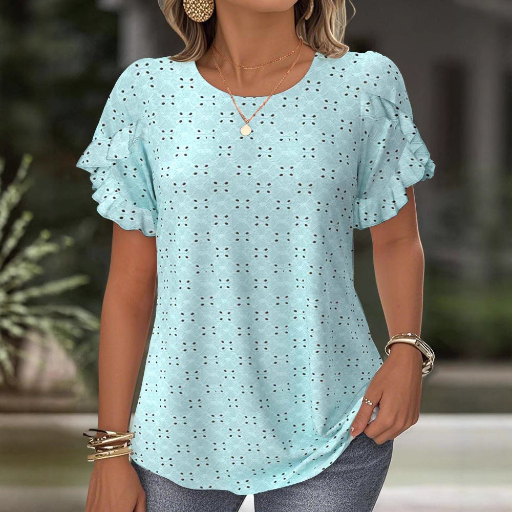 Damen Blusenshirt mit dekorativen Rüschendetails und feinem Lochmuster Heidi-Mode