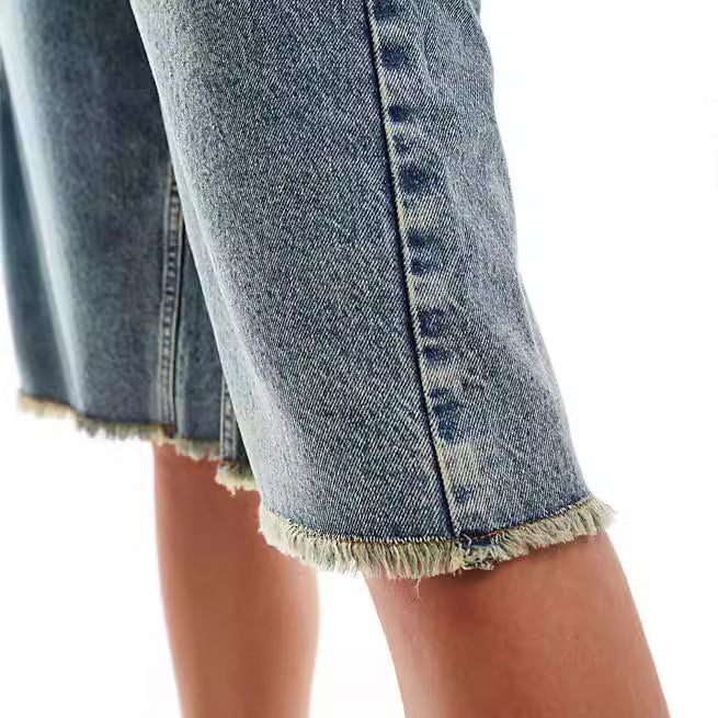 Damen Denim-Bermudashorts mit lässigem Schnitt und fransigen Säumen R&B