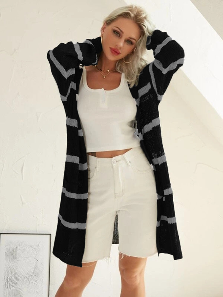 Damen Langer Strickcardigan mit Streifenmuster und offenem Design R&B