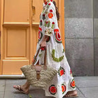 Damen Langarm-Teilkaro Kleid mit floralen Stickereien R&B