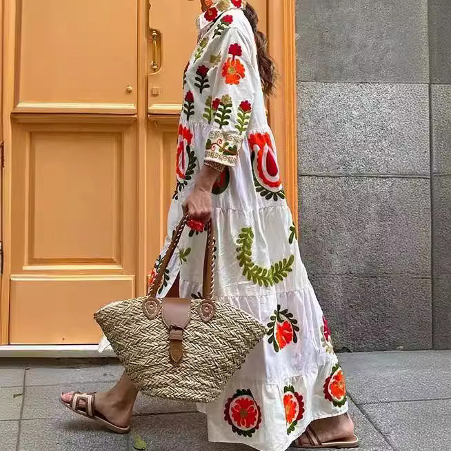 Damen Langarm-Teilkaro Kleid mit floralen Stickereien R&B