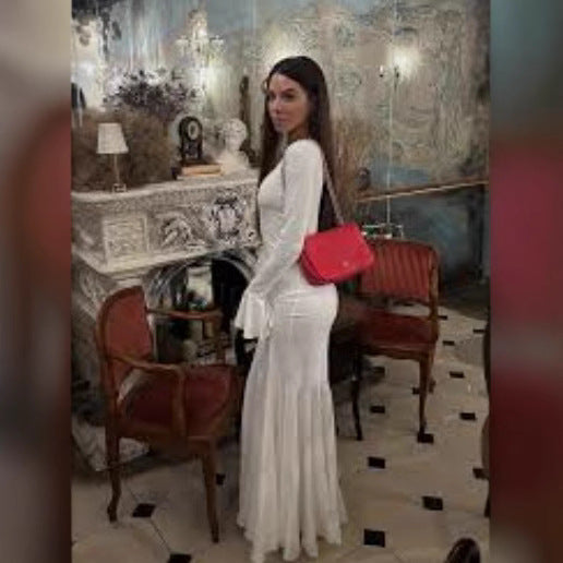 Damen figurbetontes Langkleid mit schickem Muschel-Design und elegantem Ärmelabschluss R&B