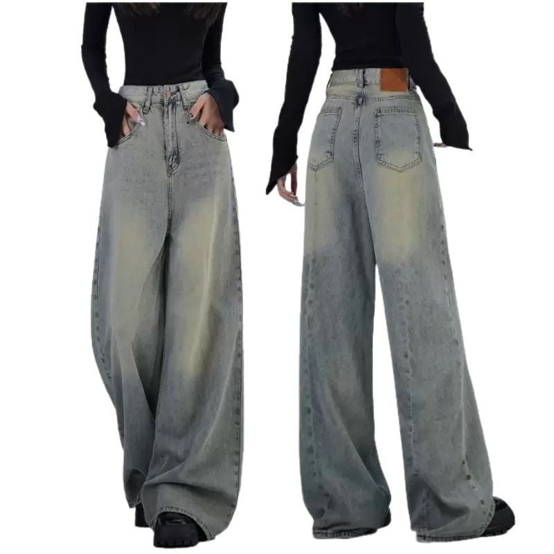 Damen trendige Baggy-Jeans mit hohem Bund und weiten Beinen R&B