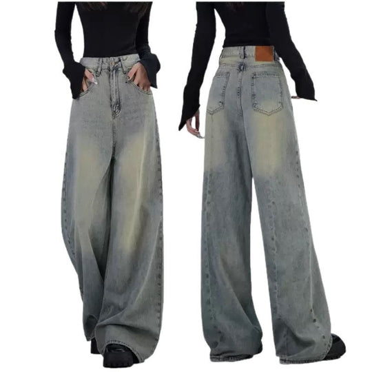Damen trendige Baggy-Jeans mit hohem Bund und weiten Beinen R&B