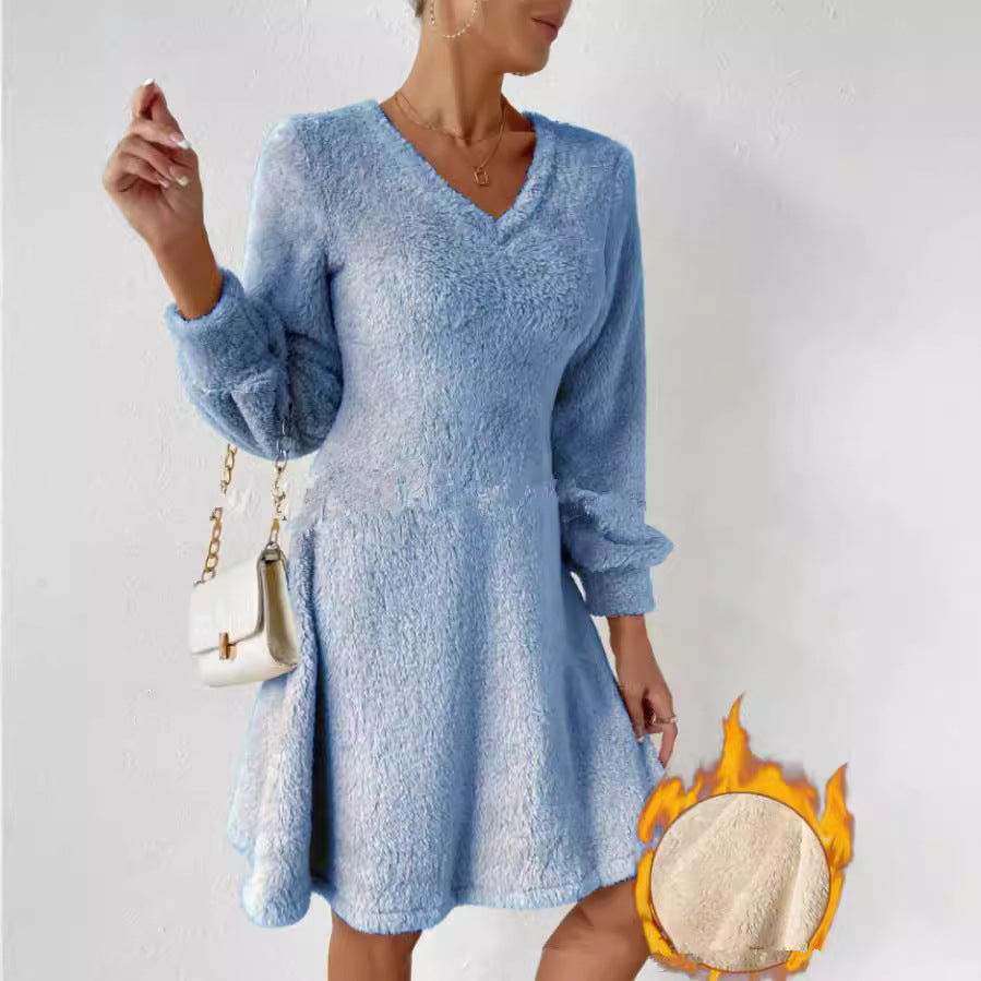 Damen fließendes V-Ausschnitt Kleid mit langen Ärmeln und weichem Fleece
