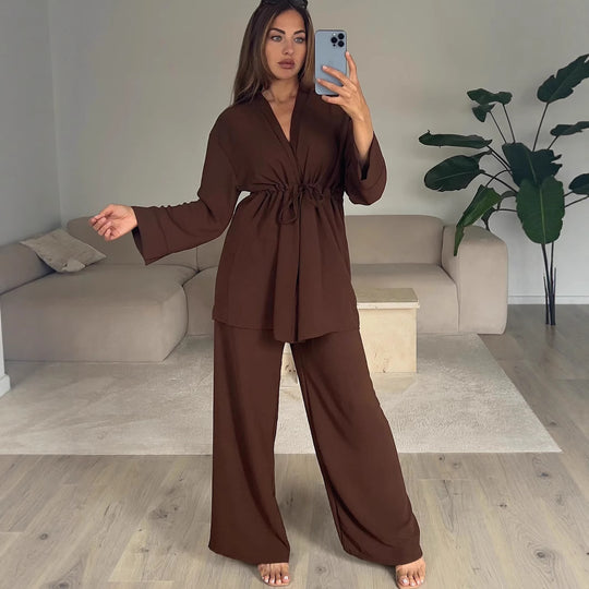 Damen Kimono-Style Lounge-Hose mit Wickeloberteil R&B