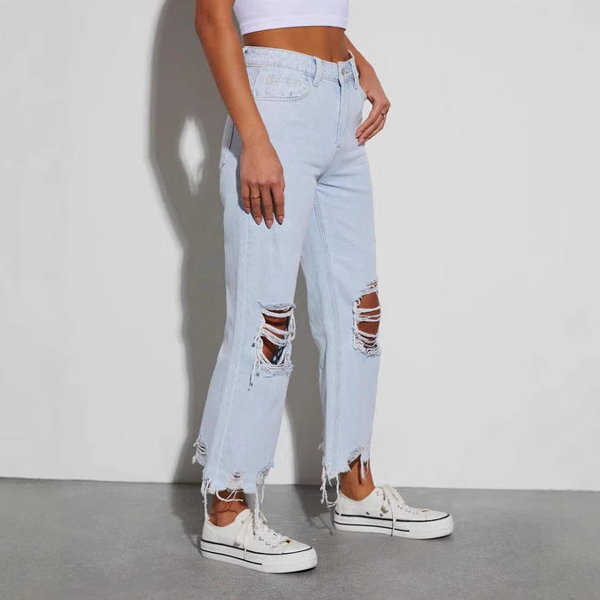 Damen Distressed Jeans mit weitem Bein und fransigem Saum R&B