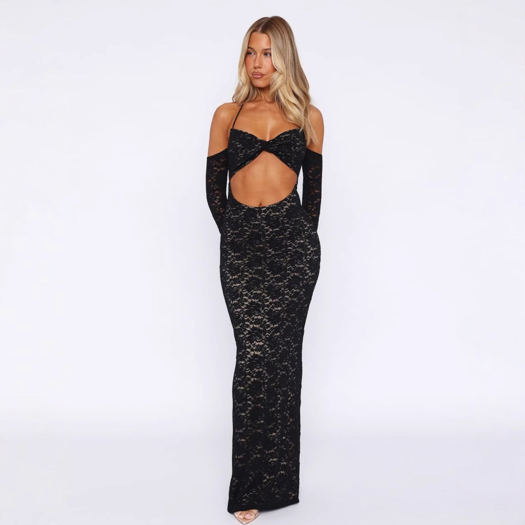 Damen aufregendes Spitzenkleid mit tiefem Rückenausschnitt und langem Arm R&B