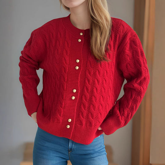 Damen Strickjacke mit eleganter Zopfmusterstruktur und dekorativen Knöpfen R&B