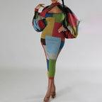 Damen Langarm-Kleid mit geometrischem Schnitt und voluminösen Ärmeln R&B