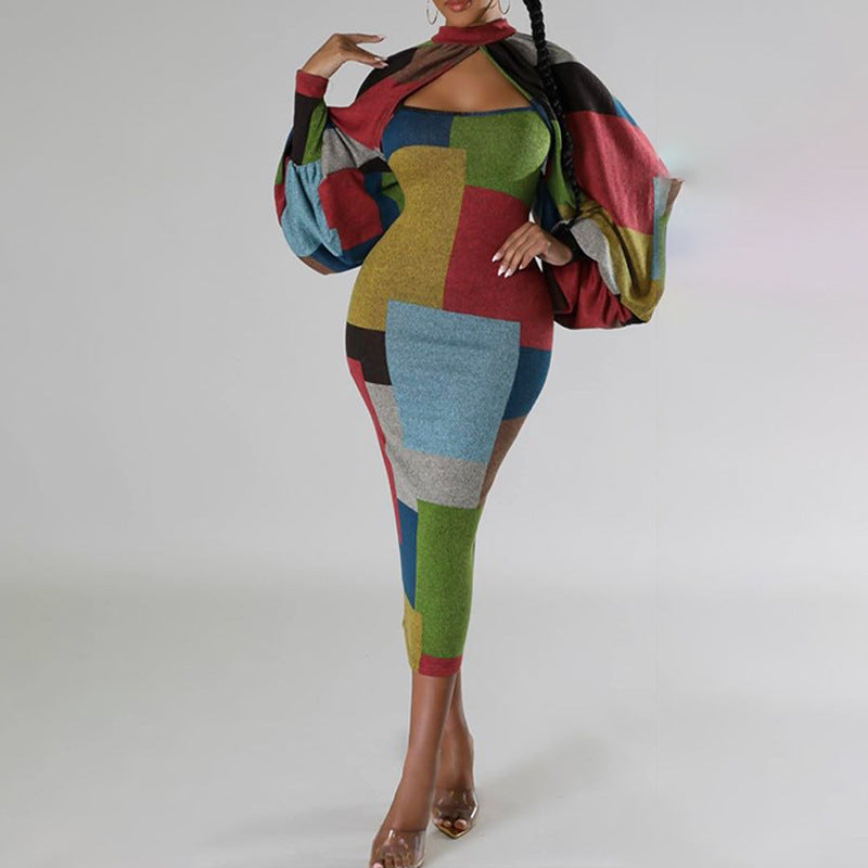 Damen Langarm-Kleid mit geometrischem Schnitt und voluminösen Ärmeln R&B