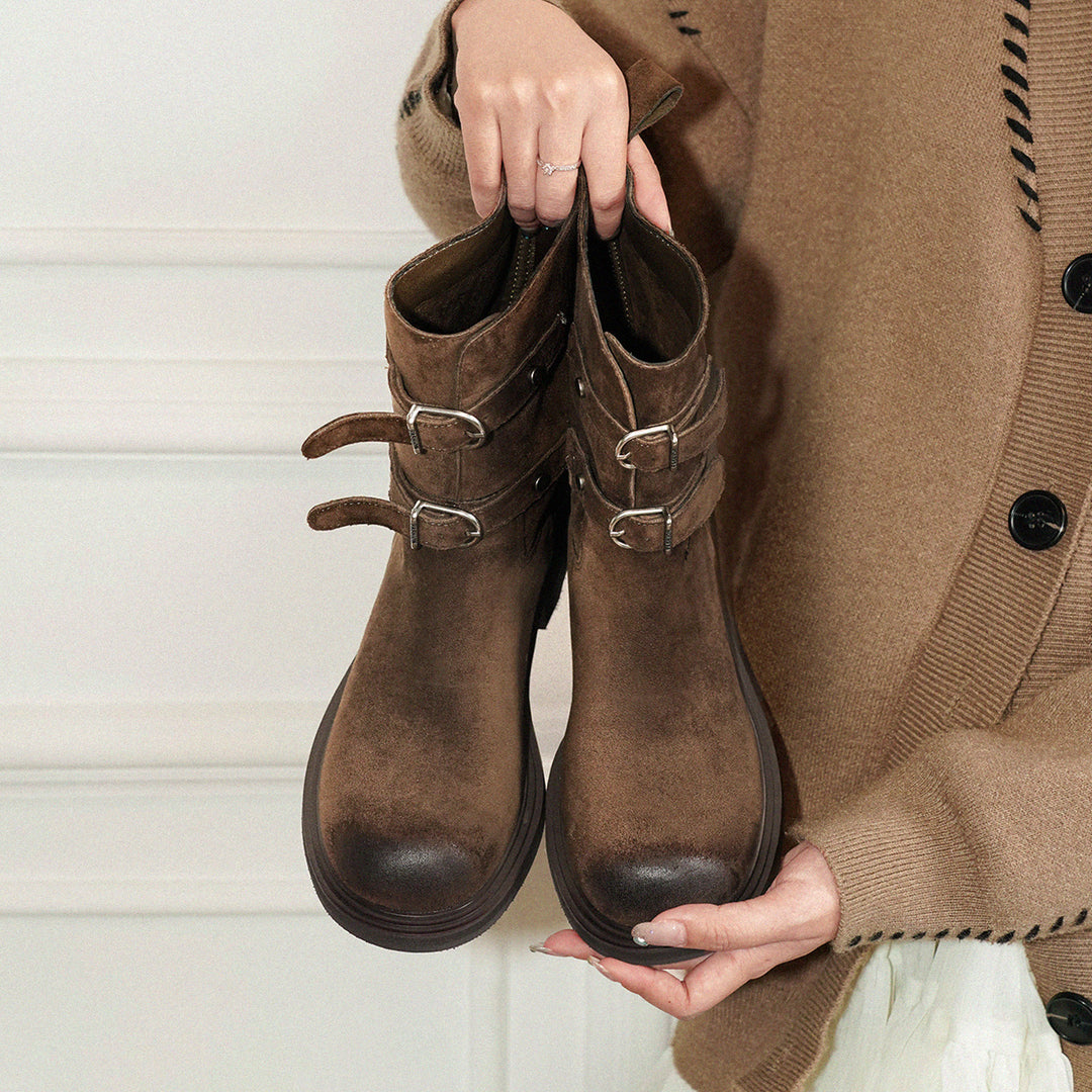 Damen modische Ankle Boots mit dekorativen Riemen und robustem Sohlenprofil R&B