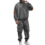Herren nan Karo-Relief-Sweatset mit Stehkragen-Knopfleiste, Velours-Ellenbogenpatches und Cargo-Jogger R&B