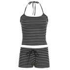 Damen gestreiftes Sportoberteil und Shorts Set R&B