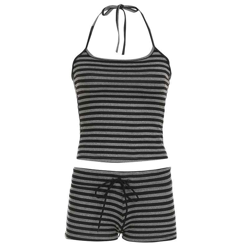 Damen gestreiftes Sportoberteil und Shorts Set R&B