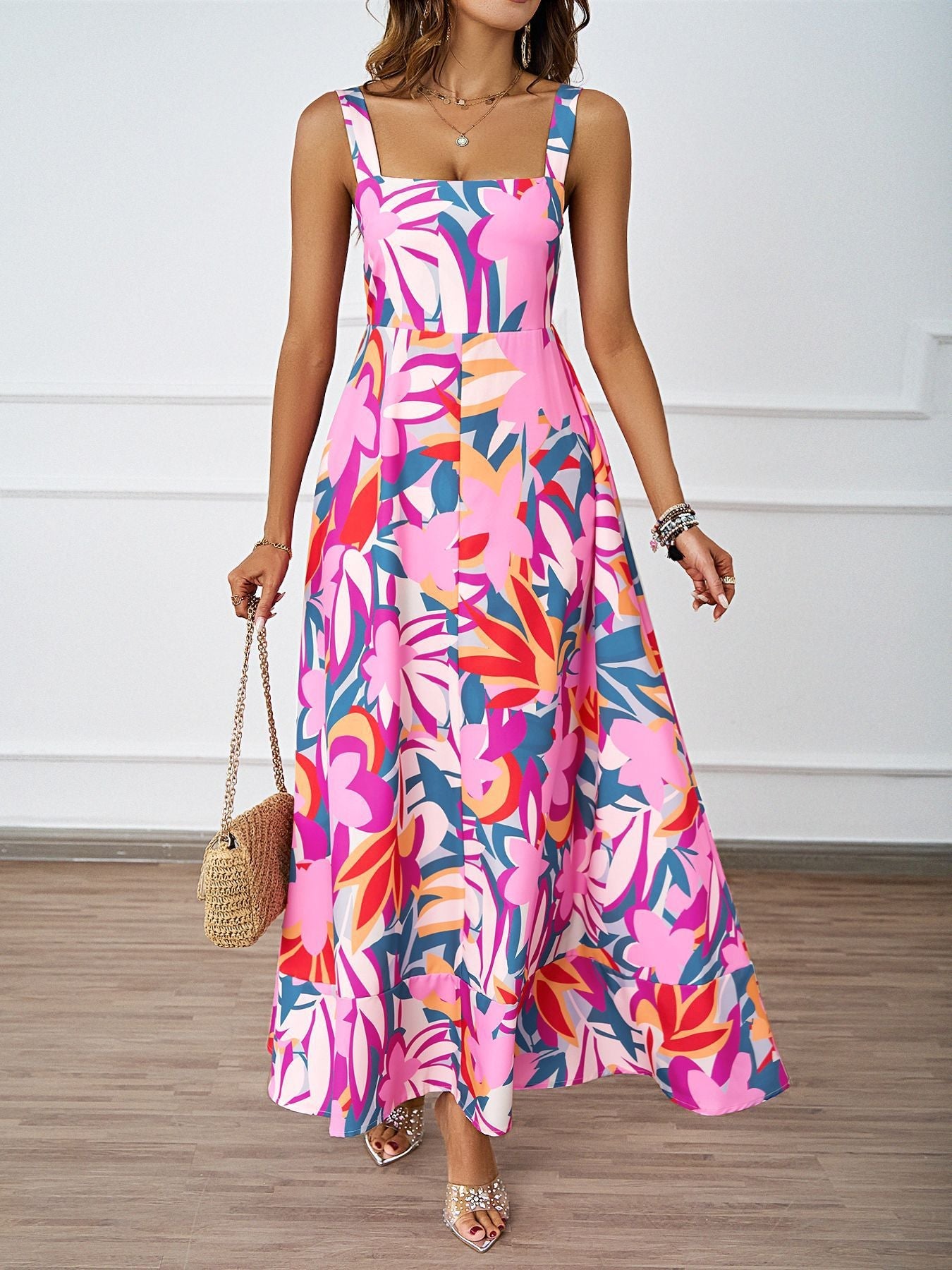 Damen Maxikleid mit floralem Schnitt und modernem Quadrat-Ausschnitt R&B