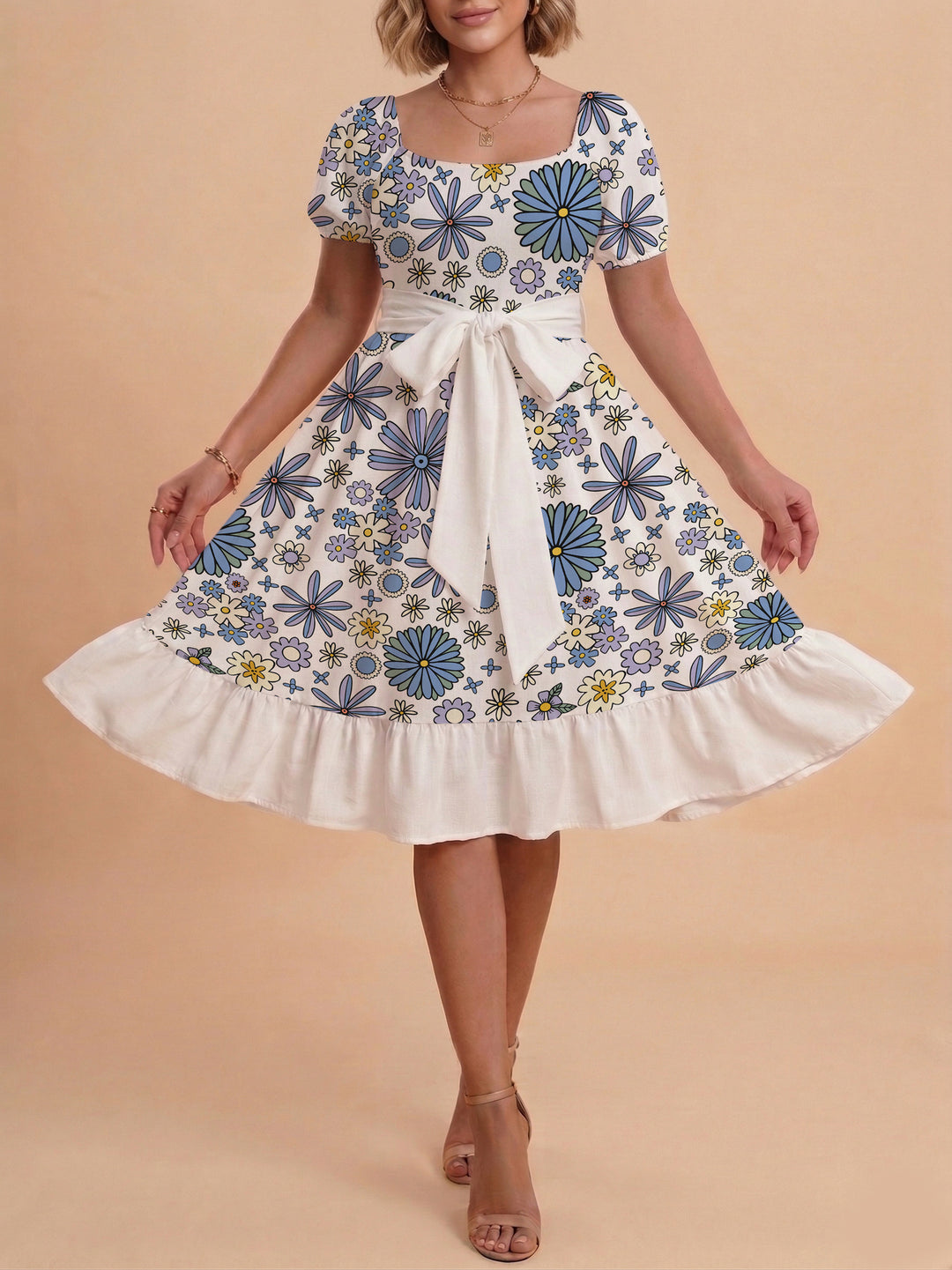 Damen Blumenkleid mit taillierbarem Gürtel und voluminösen Ärmeln R&B