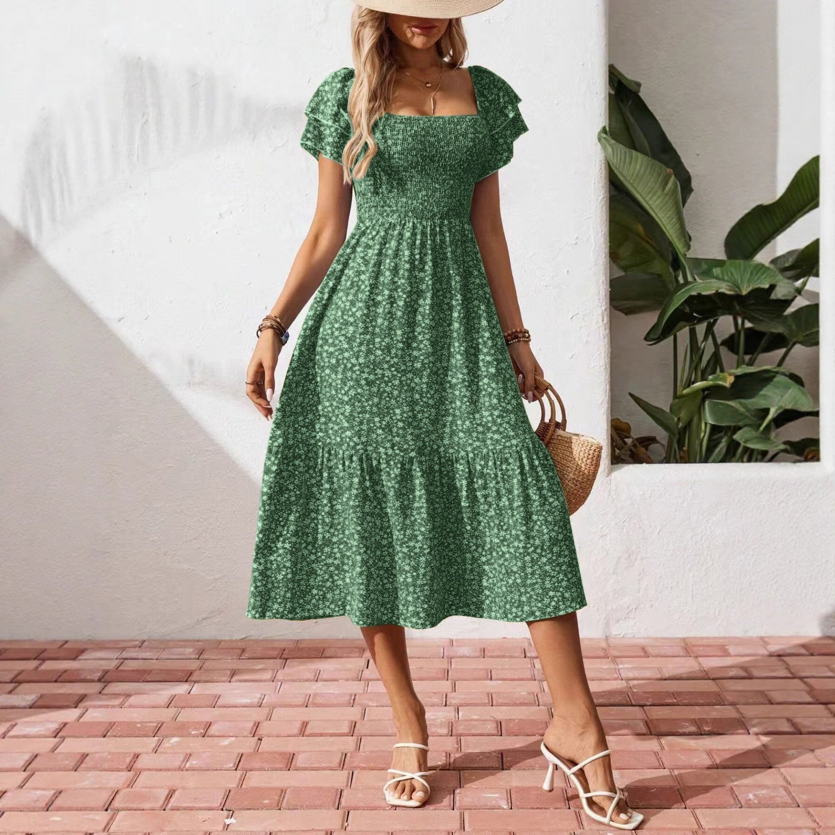 Damen Off-Shoulder Maxikleid mit floralen Mustern und elastischem Oberteil R&B