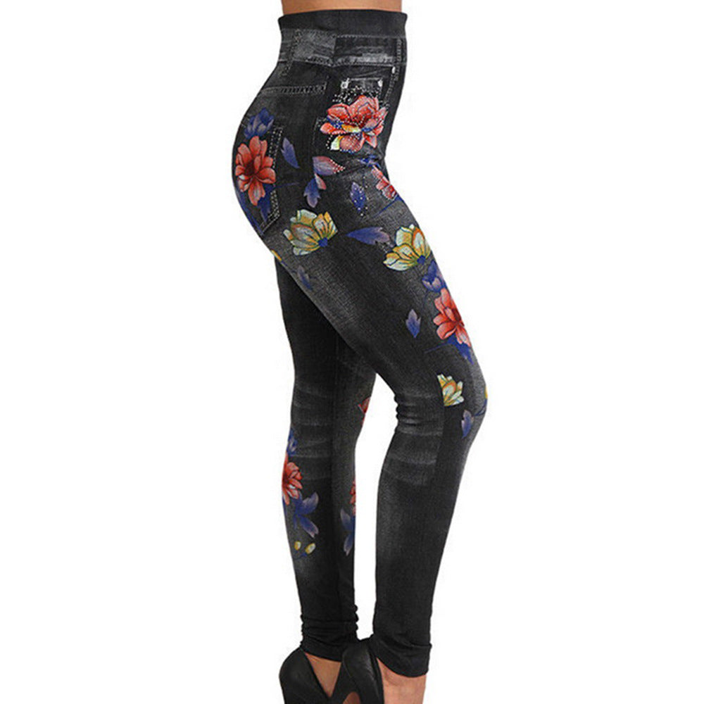 Damen Hochtaillierte Leggings im Jeans-Look mit floralem Motiv R&B