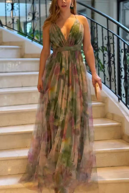 Damen Elegantes Maxikleid mit tiefem V-Ausschnitt und luftigen Stoffschichten R&B