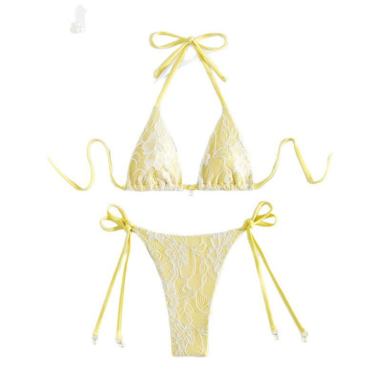 Damen Triangel-Bikini mit zartem Häkelmuster und verstellbaren Bindebändern R&B