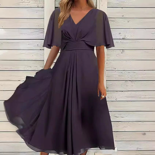 Damen elegantes Maxikleid mit fließenden Ärmeln und V-Ausschnitt R&B