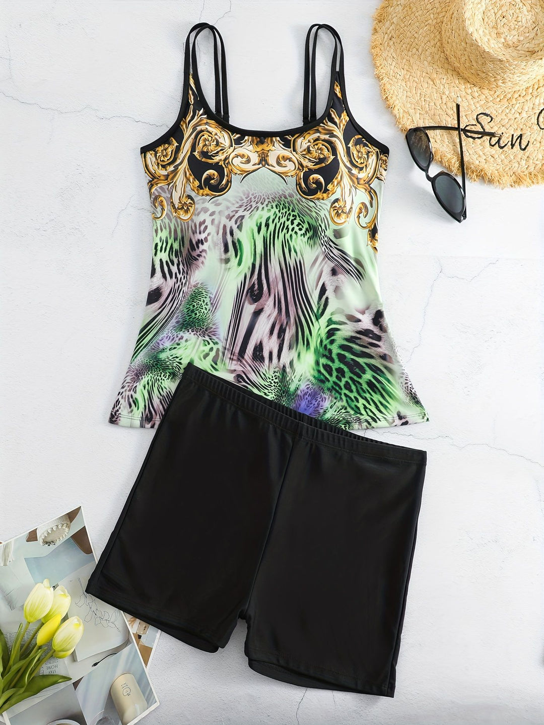 Damen Sportliches Tankini-Set mit modischem Animal-Print und Boxershorts R&B