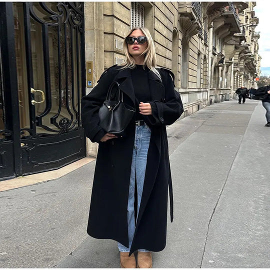 Damen Eleganter Oversized-Trenchcoat mit modischem Gürtel und breiten Ärmeln R&B