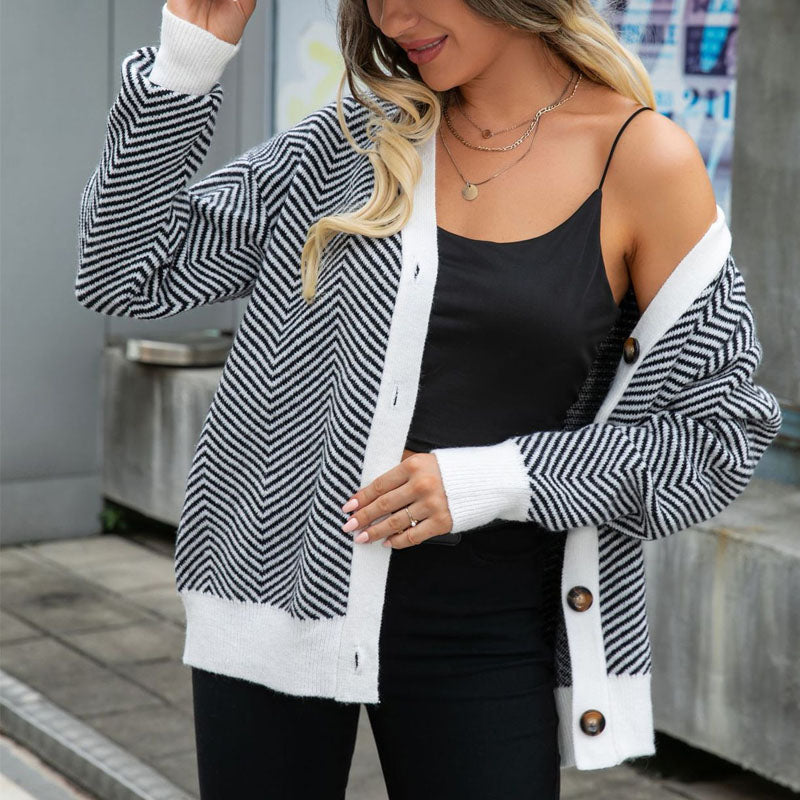 R&B | Gestreifte Klassische Strickjacke für Damen