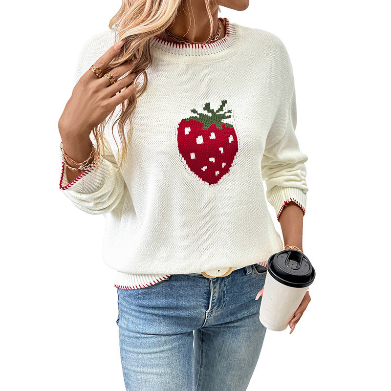 Damen Strickpullover mit fruchtigem Erdbeer-Motiv und lässigem Schnitt R&B