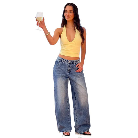 Damen Weit geschnittene Jeans mit hohem Bund und lässigem Stil R&B