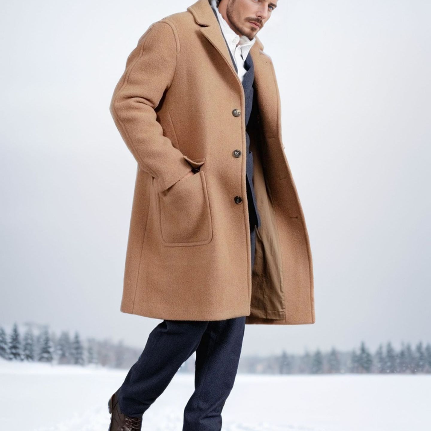 Herren eleganter und wärmer Wintermantel mit doppelter Knopfleiste und praktischen Taschen R&B