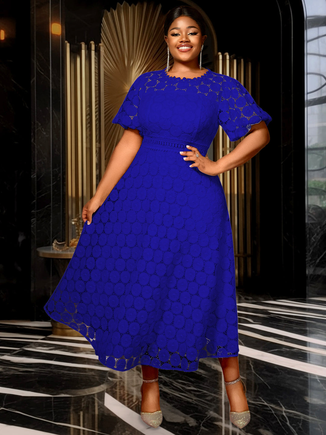 Damen Midi-Kleid mit eleganter Spitzenapplikation und Puffärmeln R&B