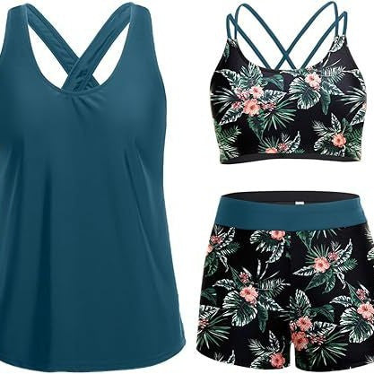 Damen Sportliches Tankini-Set mit floralem Oberteil und Shorts R&B