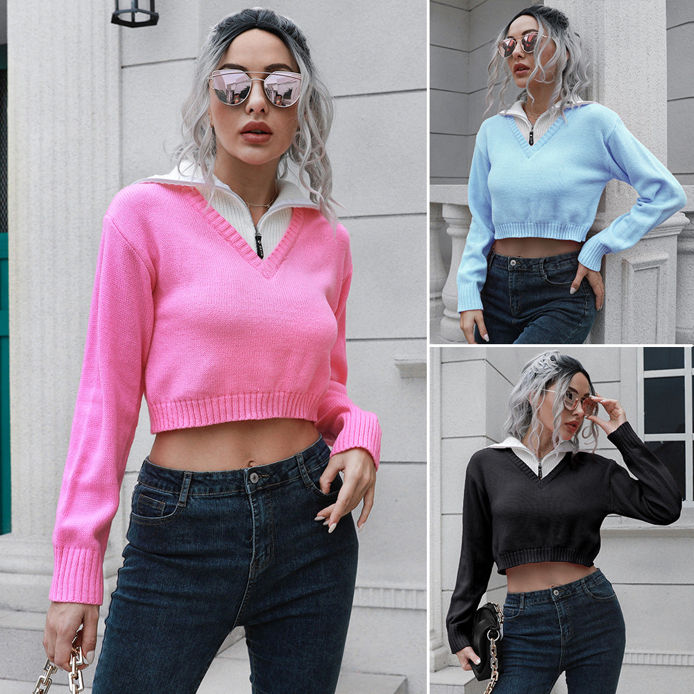 Damen Cropped Pullover mit hohem Kragen und verdecktem Reißverschluss R&B