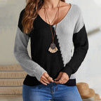 Damen lässiger Pullover mit asymmetrischem Farbspiel und V-Ausschnitt