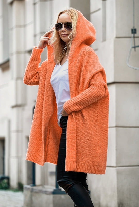 Damen lässiger Strickcardigan mit Kapuze und großen Taschen R&B