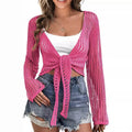 Damen luftige Strickjacke mit Fransen und Bindegurt R&B