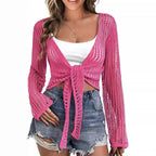 Damen luftige Strickjacke mit Fransen und Bindegurt R&B