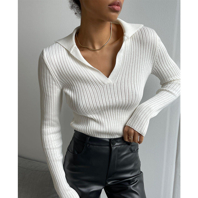 Damen Eleganter, gerippter Pullover mit tiefem V-Ausschnitt R&B