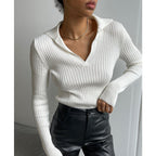 Damen Eleganter, gerippter Pullover mit tiefem V-Ausschnitt R&B