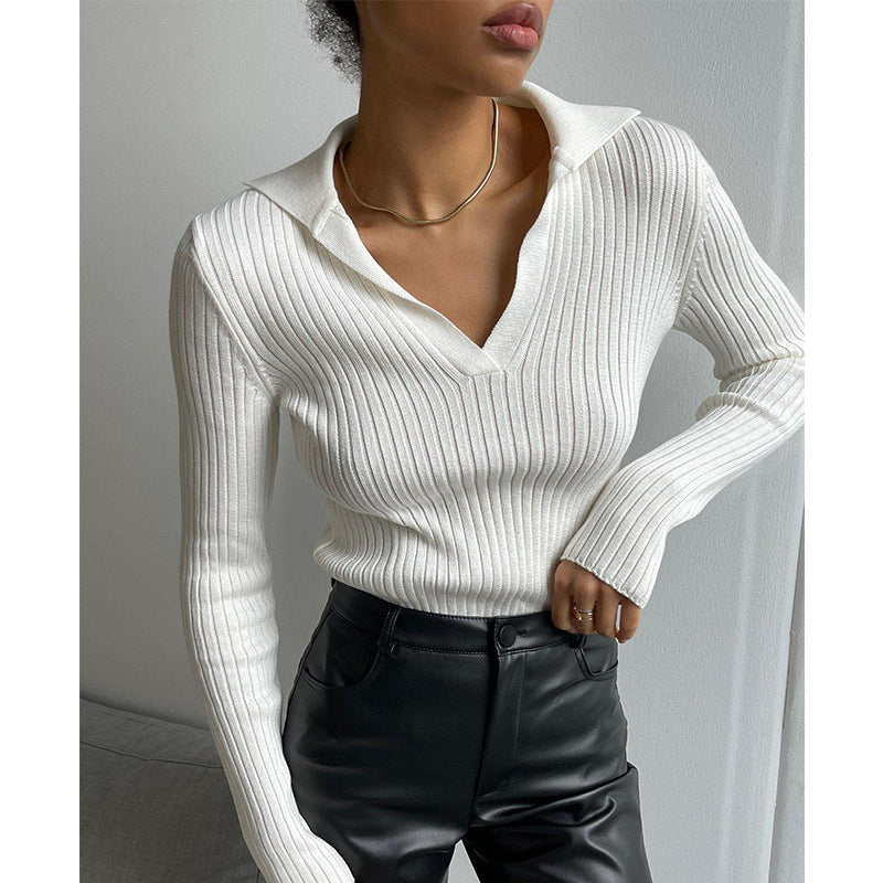 Damen Eleganter, gerippter Pullover mit tiefem V-Ausschnitt R&B