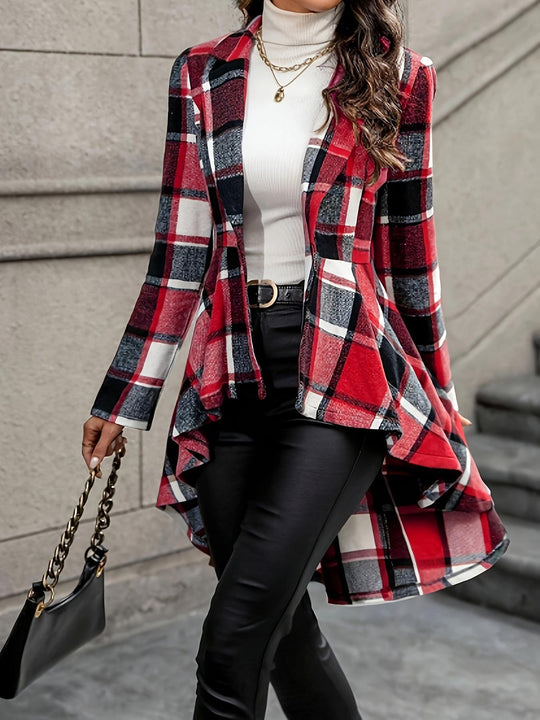 Damen Elegante und fließende Karojacke mit asymmetrischem Saum R&B