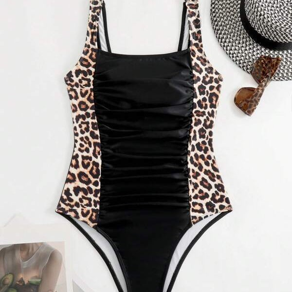 Damen Einteiler Badeanzug mit raffiniertem Leo-Design und figurformendem Schnitt R&B