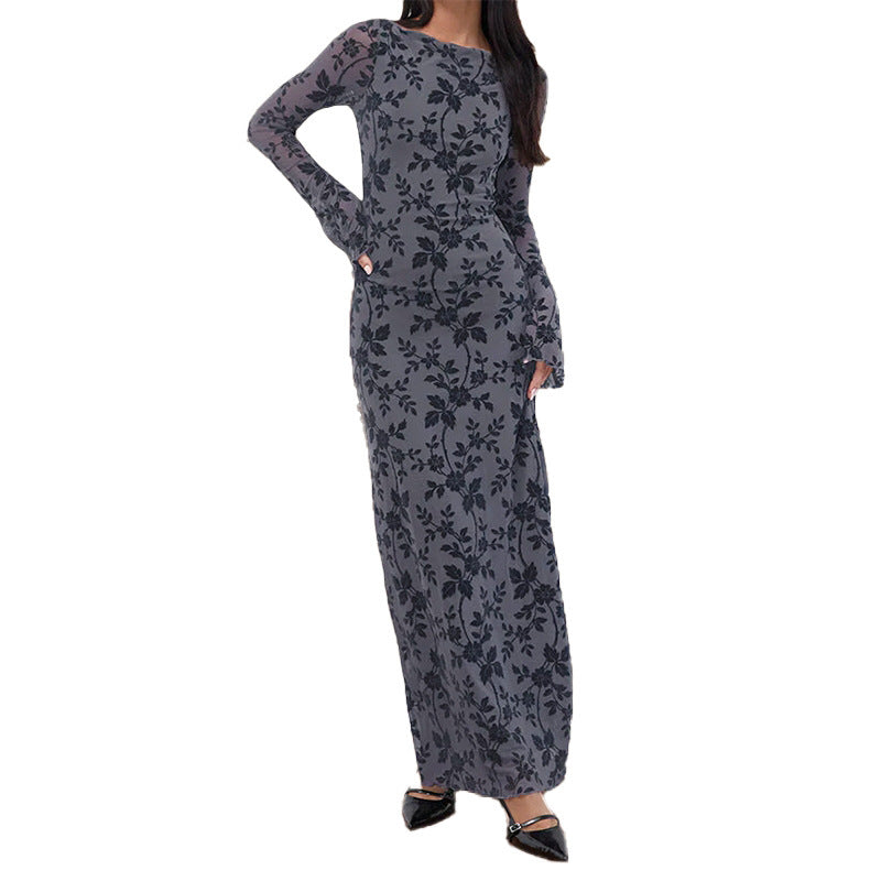 Damen elegantes Maxikleid mit floralen Applikationen und transparenten Ärmel EB