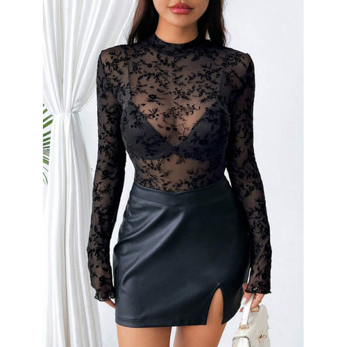 Damen Langärmliges Spitzenoberteil mit floralem Design und transparenten Akzenten R&B