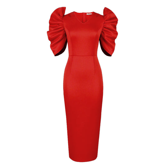 Damen Elegantes Midi-Kleid mit voluminösen Puffärmeln R&B