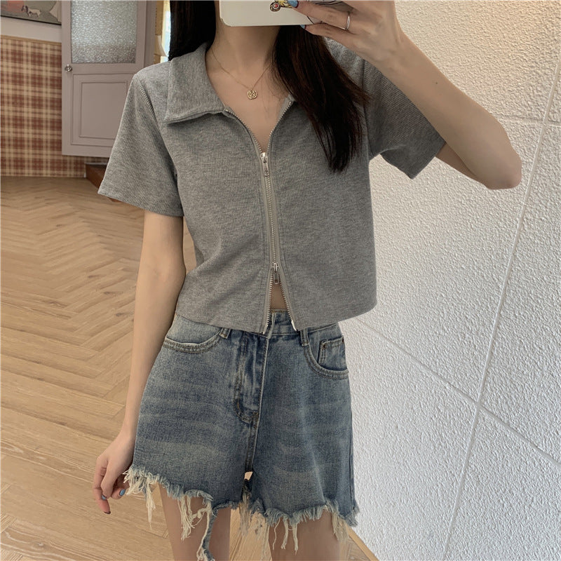 Damen Cropped Poloshirt mit Reißverschluss und strukturierter Textur R&B