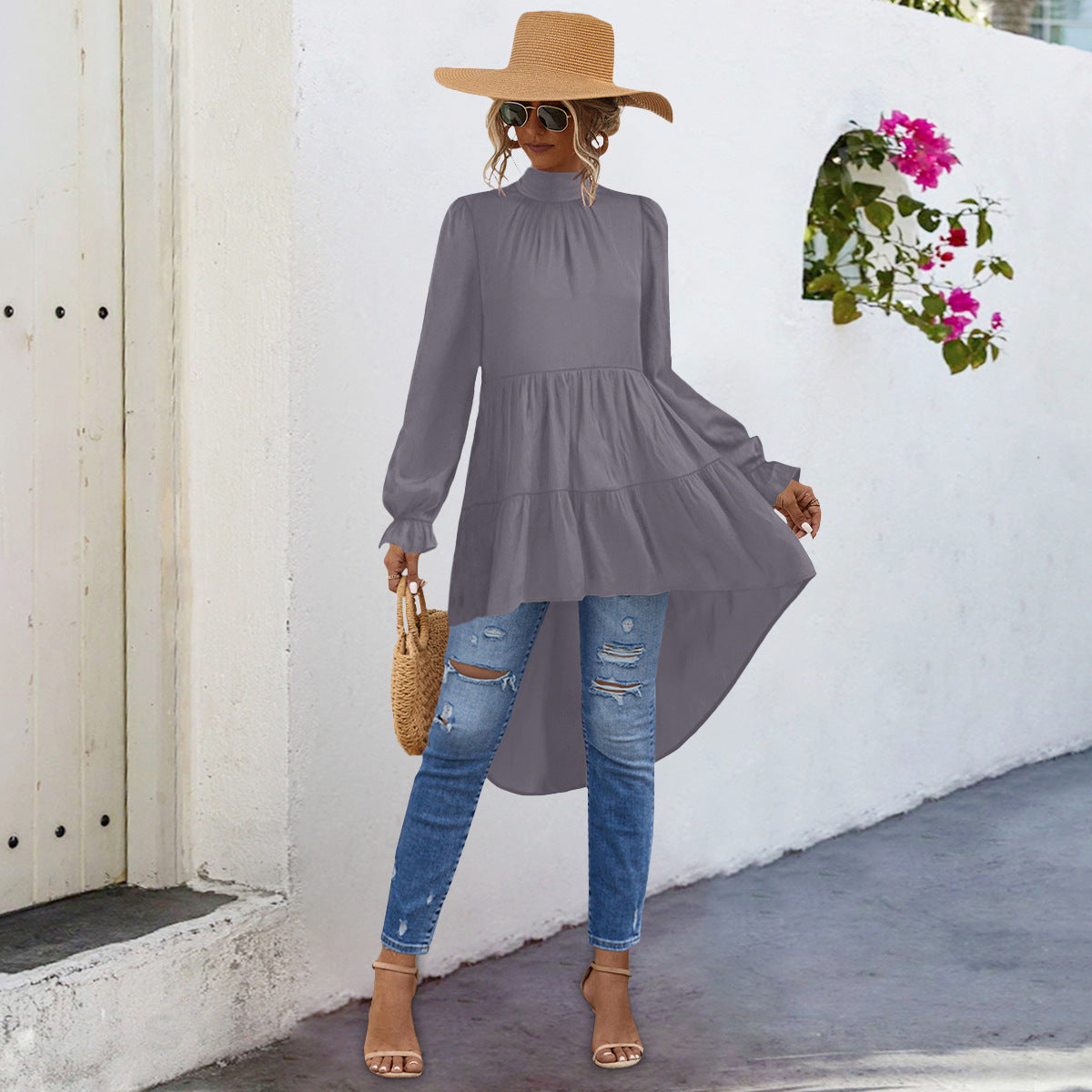 Damen Tunika mit gerafftem Design und asymmetrischem Saum R&B