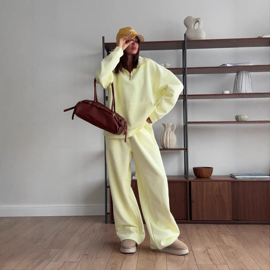 Damen gemütliches Fleece-Loungewear-Set mit hochgezogenem Kragen und lockerer Passform R&B
